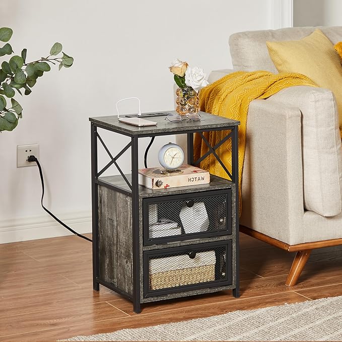 VECELO Oak Gray End Table with USB Ports and Outlets, 24 Inch Nightstands with - Image 8