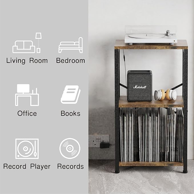 End Table with LED Light, Record Player Stand with Albums Storage, Vinyl - Image 6