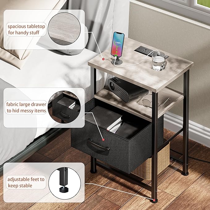 Nightstands Set of 2 with Charging Station and Drawer, End Table Bedside Table - Image 10