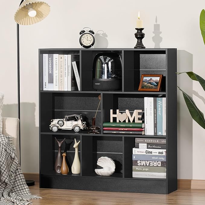 YAHARBO Black Wide Bookshelf, 3 Tier Modern Horizontal Bookcase, Wood Low - Image 6