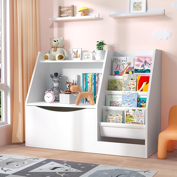TOETOL 2 Tier Kids Bookshelf and Book Storage，4 Sling Toddler Bookshelf - Image 2