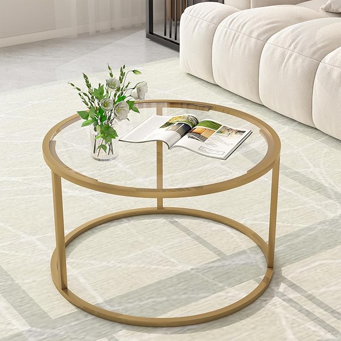 Glass Coffee Table, Round Gold Coffee Table by Easy+Paws