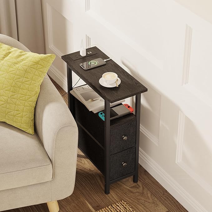 End Table Set 2 with Charging Station, Narrow Side Table with 2 Fabric Drawers - Image 7