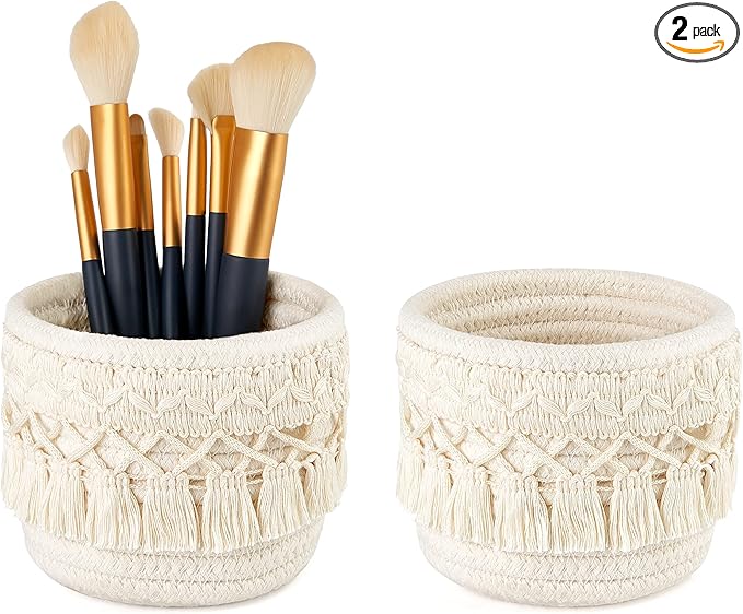 Mkono Macrame Makeup Brush Holder Organizer Comb Brushes Mini Storage Basket by Mkono