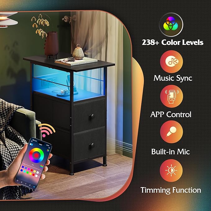 WLIVE Nightstand Set of 2 with Charging Station, End Table Sets with LED Lights - Image 4
