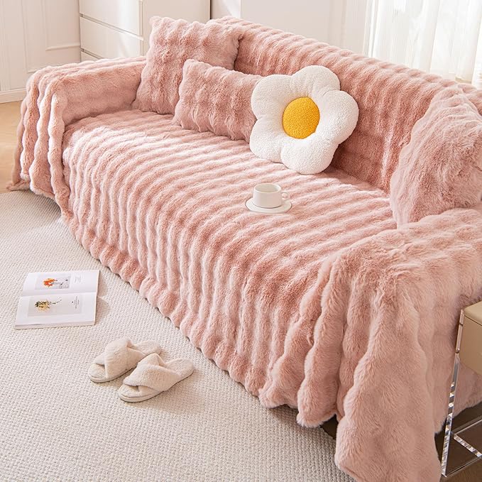 VM VOUGEMARKET Pink Sofa Cover Thick Shaggy Fluffy Sectional Couch Cover Plush - Image 2