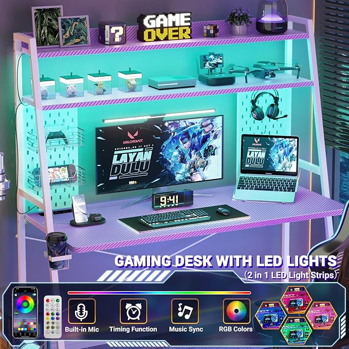 Gaming Desk with Hutch and LED Lights, Gaming Computer Desk with Power Outlets - Image 4