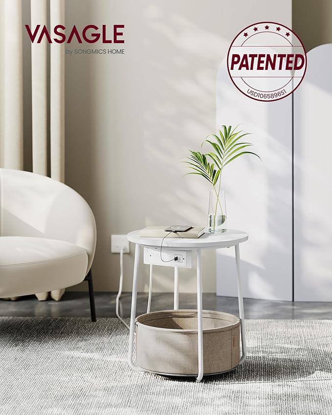 VASAGLE Side Table with Charging Station, Round End Table with Fabric Basket - Image 3
