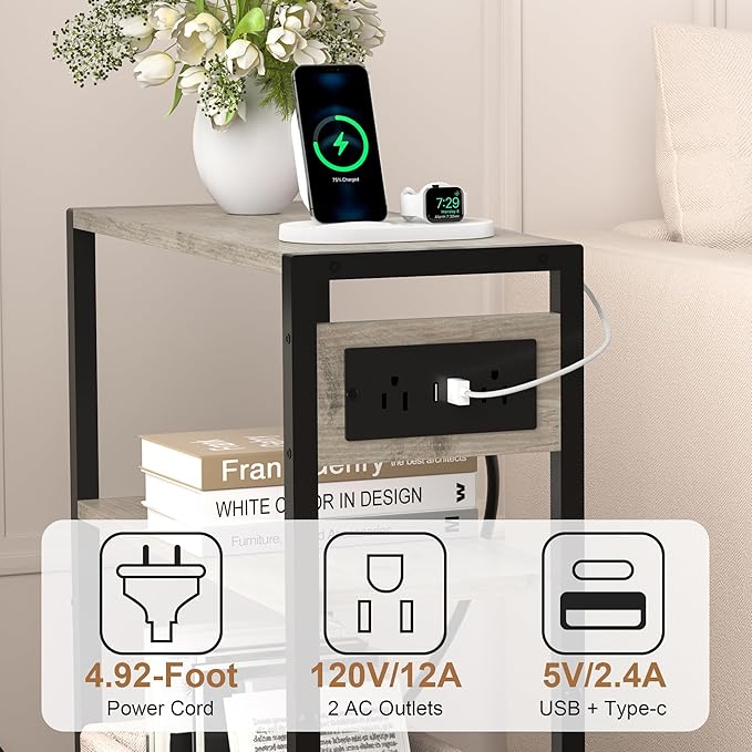 Small Narrow Side Table with Charging Station, Skinny End Table - Image 6