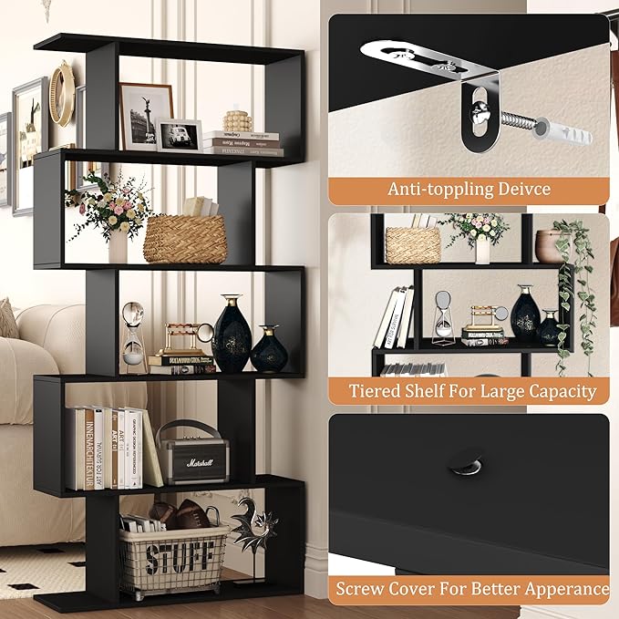 Yusong Bookshelf 5-Tier, Geometric Bookcase S Shaped Book Shelves - Image 4
