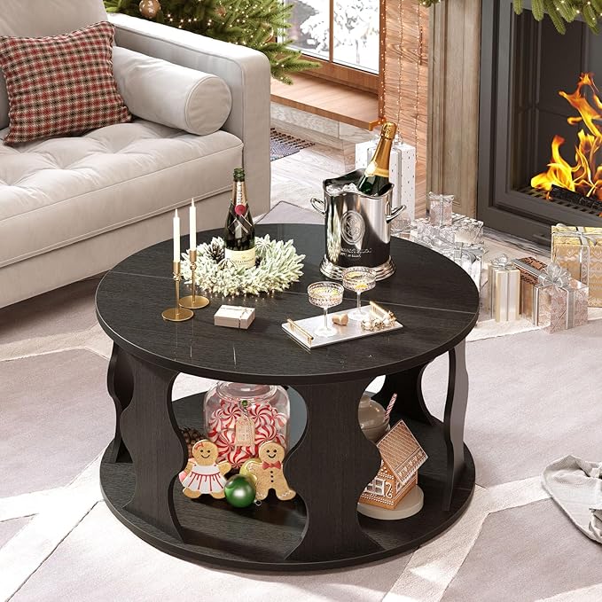 HSH Black Round Coffee Table, Modern Wood Circle Center Table - Image 6