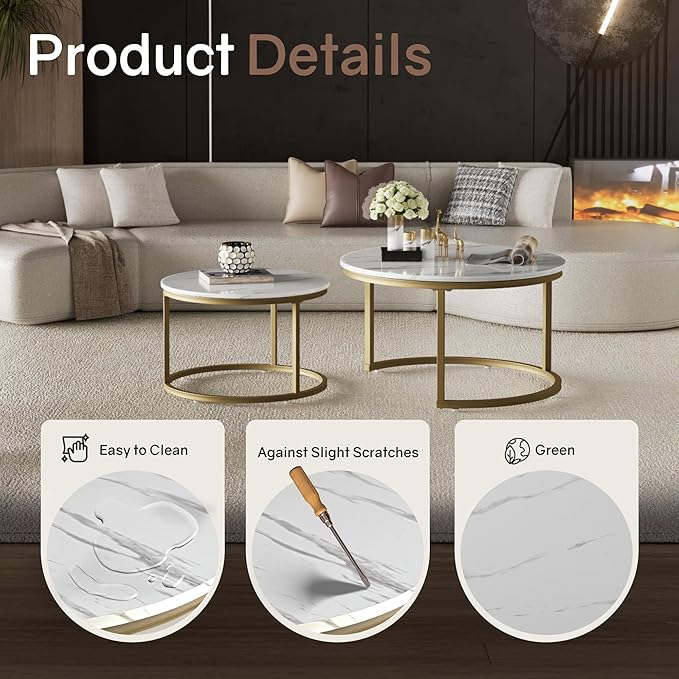 Nesting Tables Set of 2, 31.5" Round Coffee Table, Small Nesting Coffee Table - Image 3