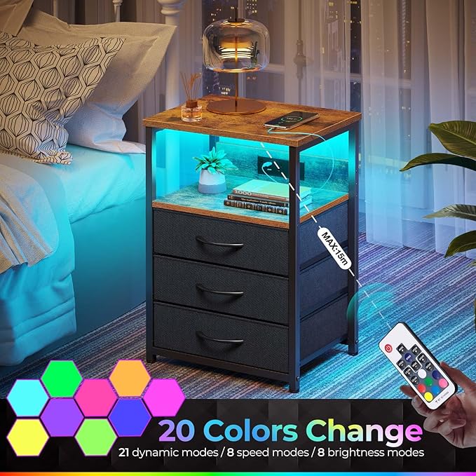 Seventable Nightstand with Charging Station and LED Light, Bedside End Table - Image 4