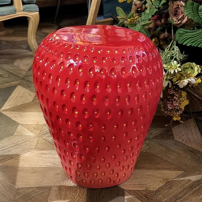 18" Red Strawberry Stool Statue Fruit-Inspired Side Table Indoor Outdoor Accent - Image 8
