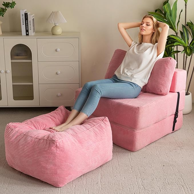 HIGOGOGO Square Stuffed Pouf Ottoman, Corduroy Poufs - Image 6