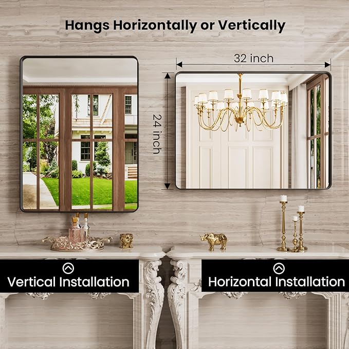 Black Bathroom Mirror, 24x32 Inch Thick Rectangle Metal Framed Wall Mirror - Image 3