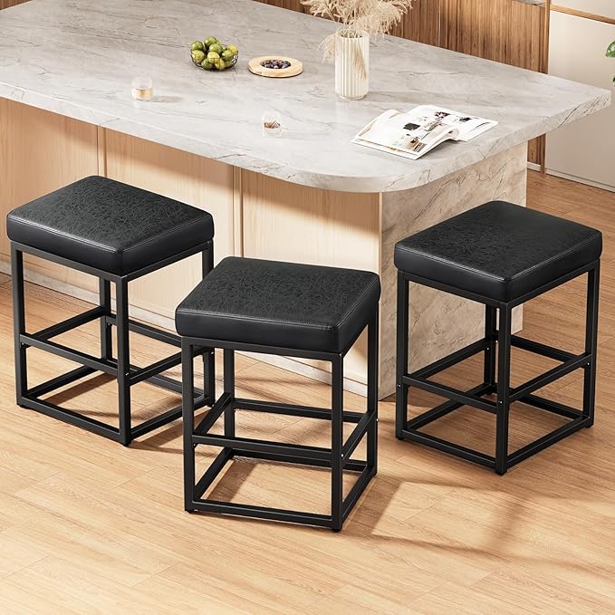 Counter Height Bar Stools Set of 3, Faux Leather Counter Stools by Raynesys