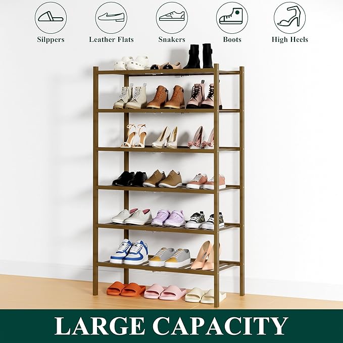 Smiry Shoe Rack, 6 Tier Thick Bamboo Shoe Organizer, Stackable Free Standing - Image 6