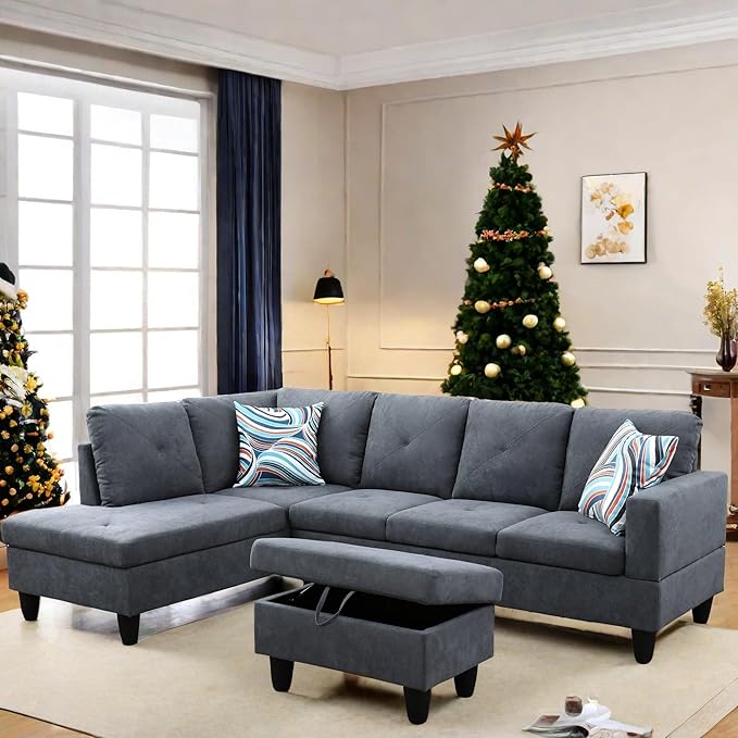 L Shaped Sectional Couch with Otttoman, Apartments, Dark Grey by FONTOI