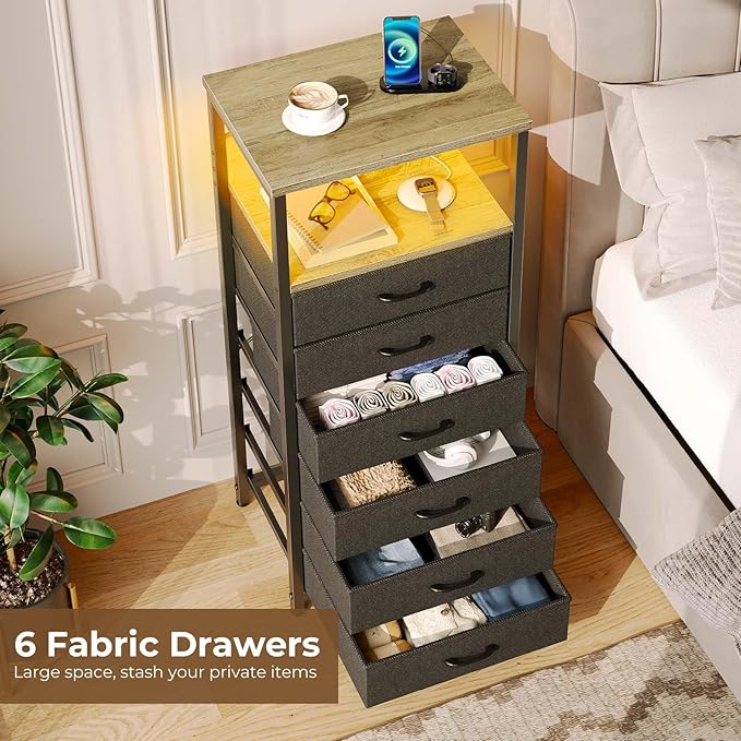 Seventable Night Stand with Charging Station, Tall Nightstand with 6 Fabric - Image 5