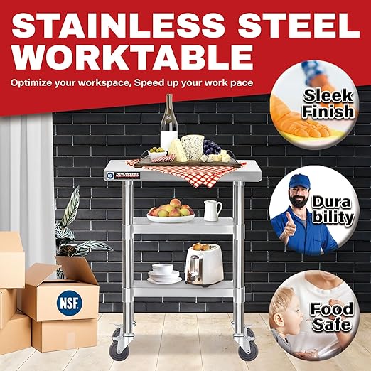 DuraSteel Stainless Steel Work Table 30" x 12" x 34" Height w/ 4 Caster Wheels - Image 3