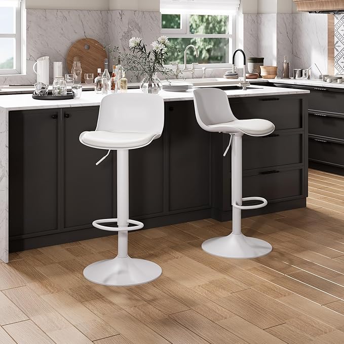 YOUTASTE White Bar Stools Set of 2 Adjustable Counter Height Bar Stool PU - Image 8
