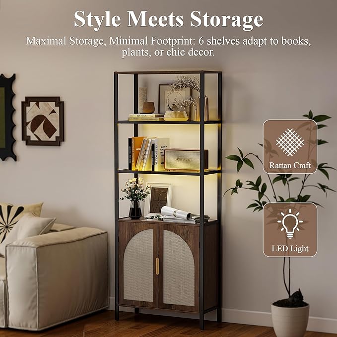 Bookshelf with Rattan Doors, 5 Tier Book Shelf Storage Organizer - Image 5