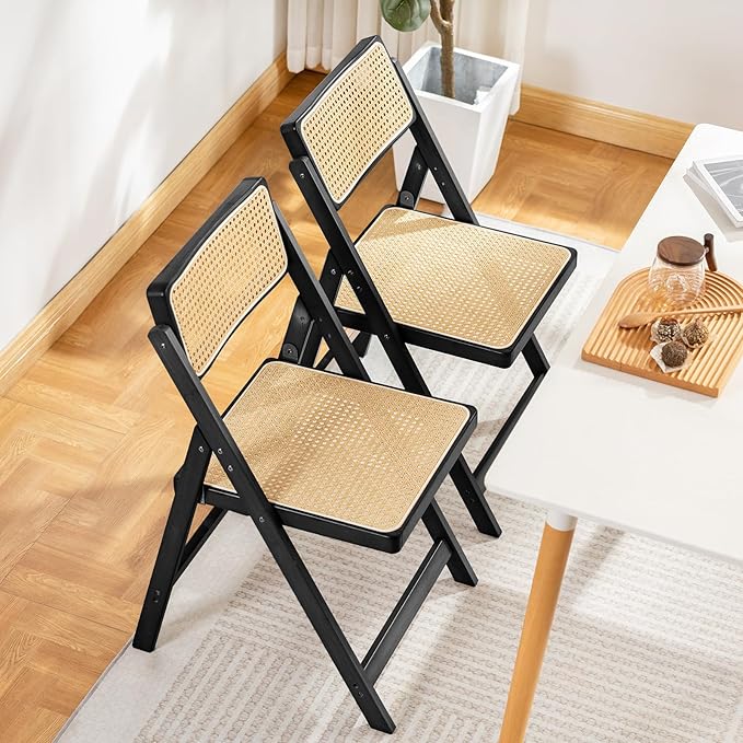 Rattan Folding Chairs, Modern Mid Century Dining Chairs Set of 2, Outdoor - Image 4