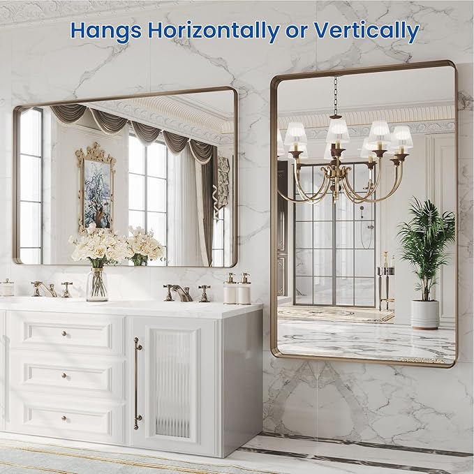 WEER Bronze Framed Modern Wall-Mounted Bathroom Mirror, Brushed Bronze Aluminum - Image 5