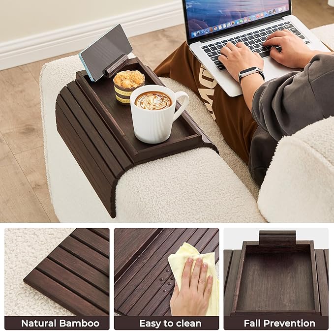 Bamboo Sofa Arm Tray, Anti Falling Couch Arm Tray Armrest Table - Image 4