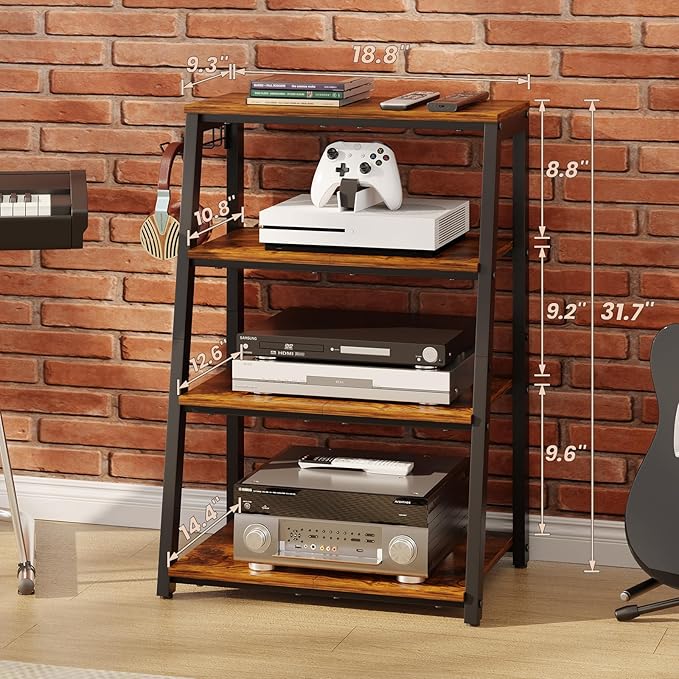 4-Tier AV Media Stand with 2 Hooks, Heavy Duty Stereo Cabinet Furniture-Large - Image 7
