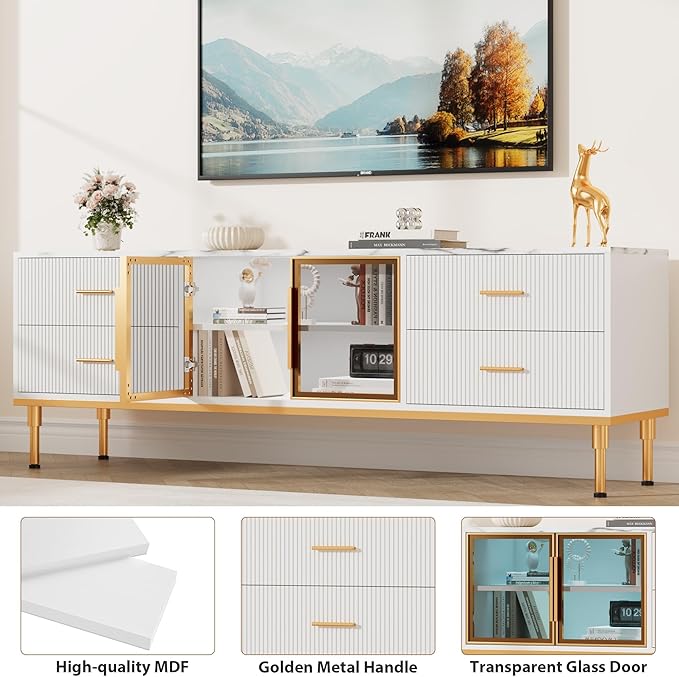 66" Fluted TV Stand with LED Light, Modern Entertainment Center - Image 6