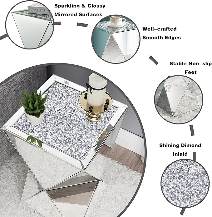ENENE Mirrored Diamond Setting End Table Glass Decorative Side Table - Image 4
