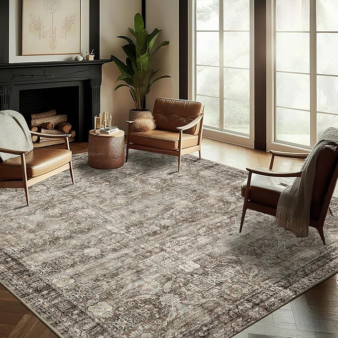 Washable Area Rug 9'x12' Retro Boho Design Non-Shedding Easy Care Ideal by CHAMPLANT