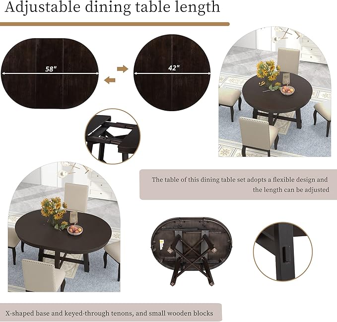 5 Pieces Dining Table Set with 43" Round Extendable Desk, Living Room Furniture - Image 7