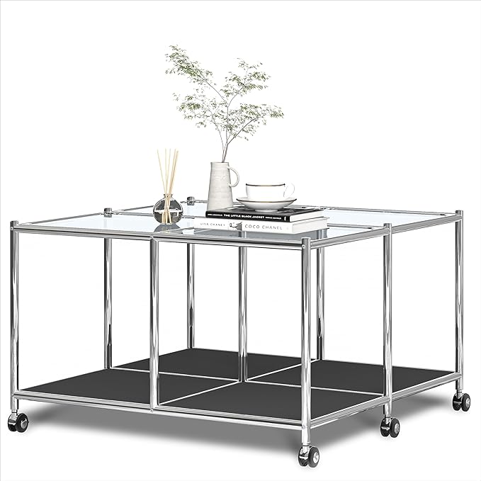 Matte Coffee Table with Open Storage, Square Tempered Glass Storage Rolling by SIMPLINK