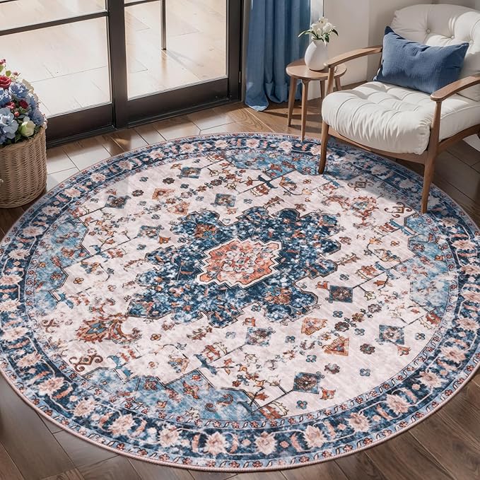 Tangsoo Vintage Round Rug 6ft, Washable Circle Rug, Non Slip Boho Round Area Rug - Image 6