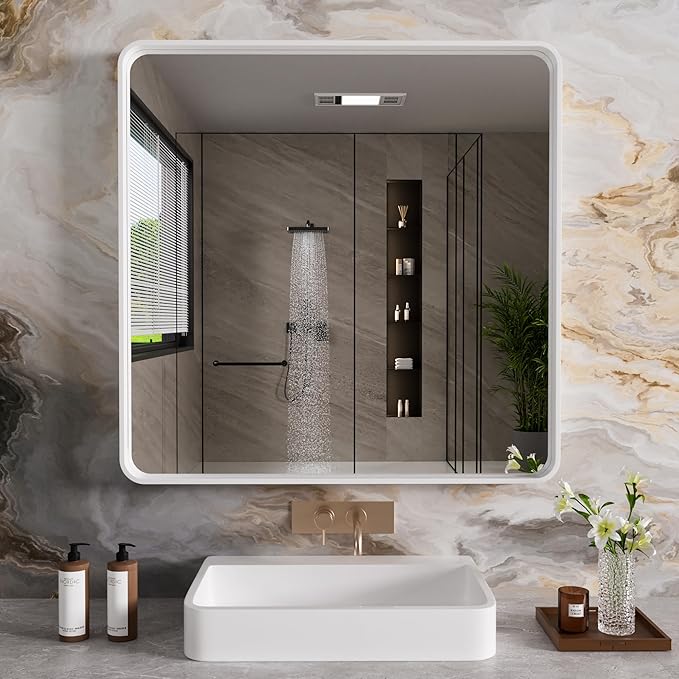 White Bathroom Mirror 36x36 Inch, Rounded Rectangle Matte Bathroom Vanity Mirror - Image 2