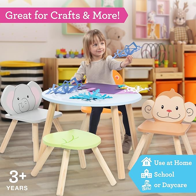 Kids Wooden Animal Table & Chair Set w 4 Seats- Monkey Lion & Elephant Plus - Image 3