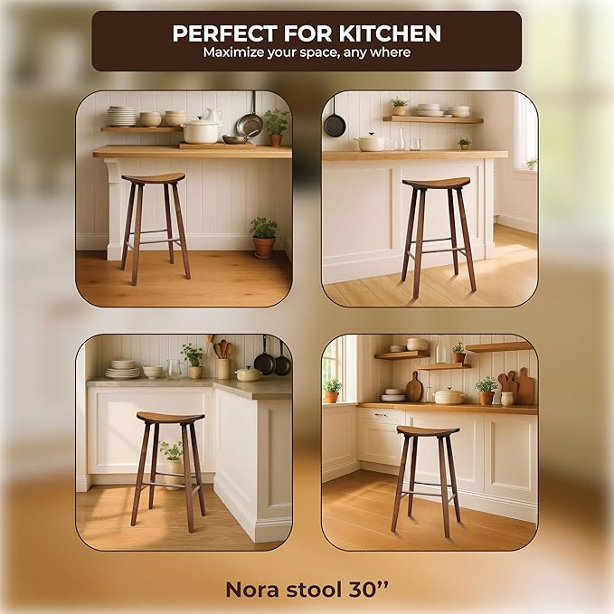 Nora 30" Backless Bar Stool, Saddle Seat Design, Solid Rubber Wood Frame - Image 7