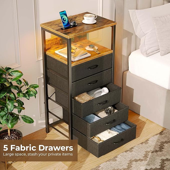 Seventable Night Stand with Charging Station, Tall Nightstand with 5 Fabric - Image 5