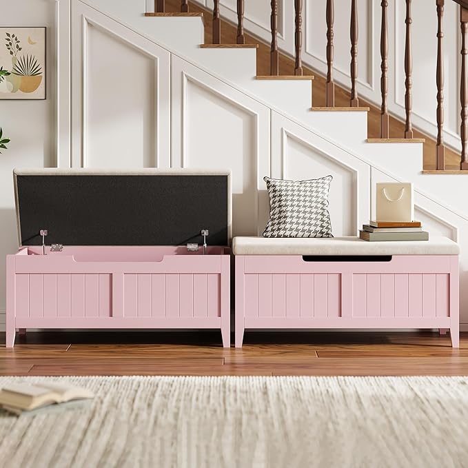 GAOMON Storage Bench with Cushion, 39.4” Wooden Chest Storage Box with 2 Safety - Image 2