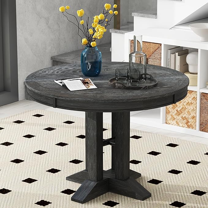 Need Extendable Farmhouse Round Dining Table, 48-60 Inch Pedestal Base Kitchen - Image 9