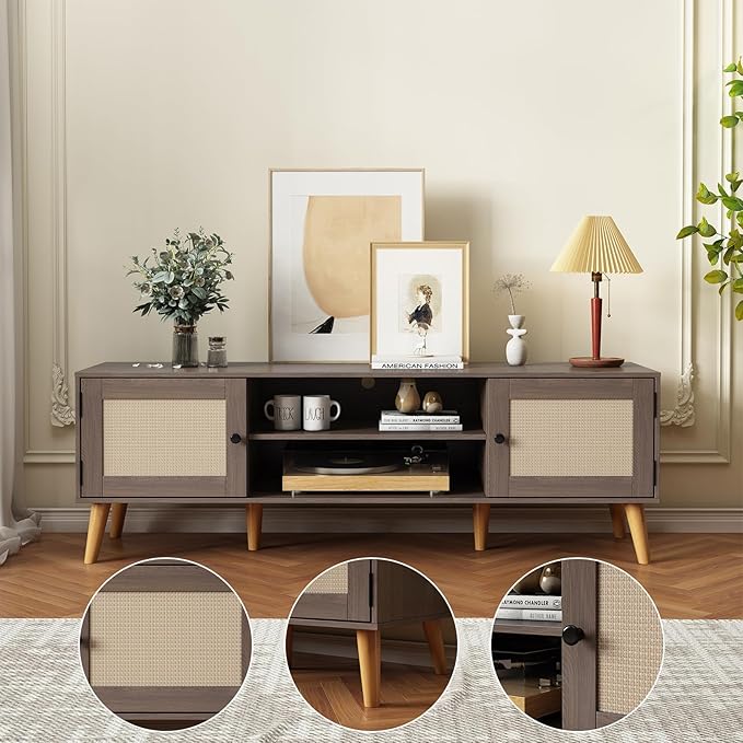 TV Stand for TVs up to 65 inches, Rattan Grain Finish Panel - Image 7
