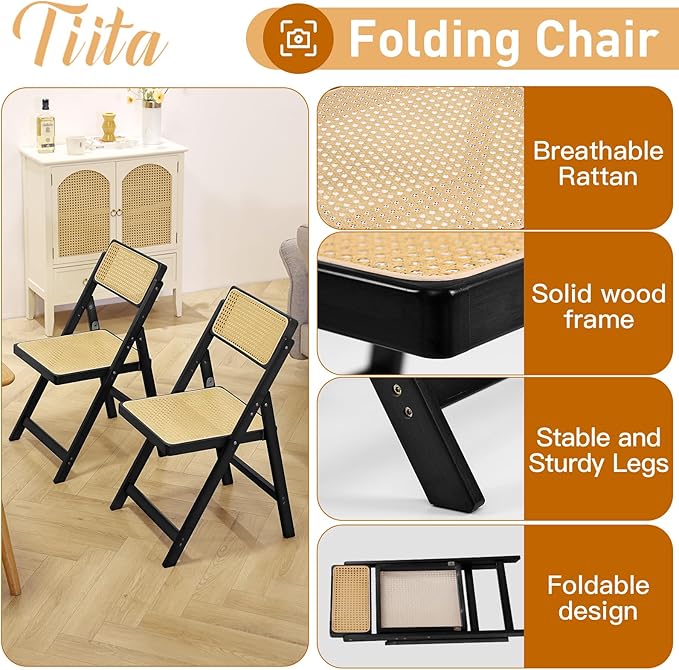 Tiita Rattan Dining Chairs Set of 2, Mid Century Modern Folding Chair, Bamboo - Image 6