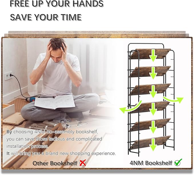 4NM No Assembly Folding Bookshelf 6 Tiers Vintage Industrial Black Book Shelf - Image 7