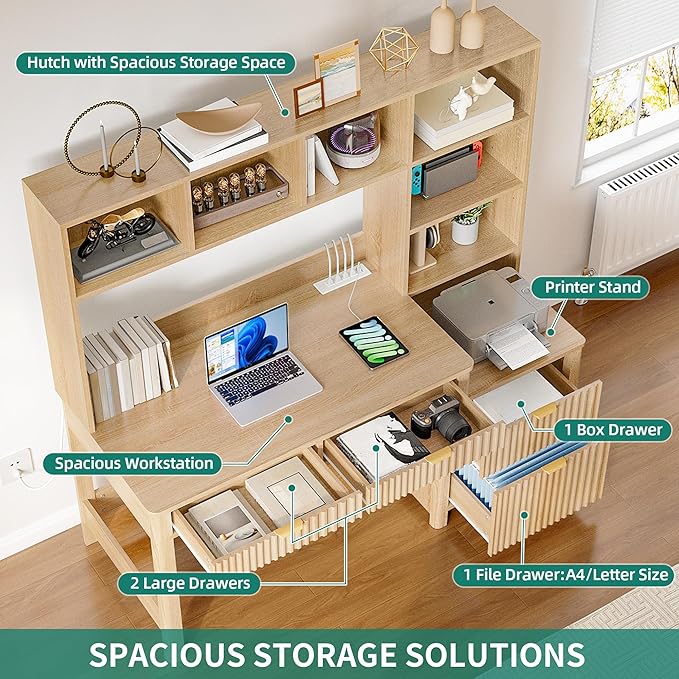 YITAHOME Computer Desk with Hutch and Drawers, Gaming Desk with Power Outlets & - Image 8