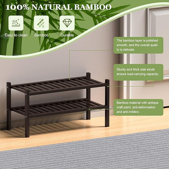 2 Tier Bamboo Shoe Rack for Closet Free Standing Wood Shoe Shelf for Entryway - Image 6
