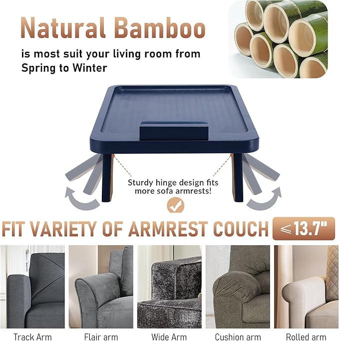 SINWANT Couch Armrest Table, Bamboo Couch Arm Table 360° Phone Holder, Foldable - Image 3
