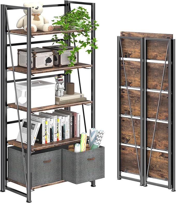 4NM No Assembly Folding Bookshelf, 5-Shelf 62.2" H Collapsible Foldable by 4NM